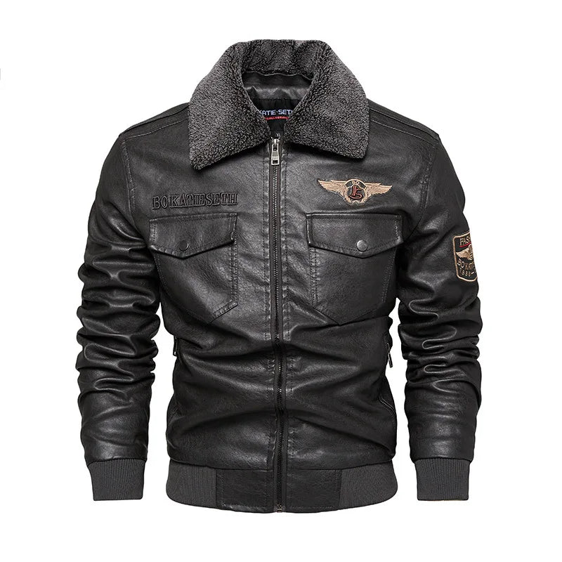 Fleece Fur Collar Windbreaker Coat Male Pu Jacket Men Thick Warm Cashmere Military Bomber Tactical Leather Jackets Mens Outwear