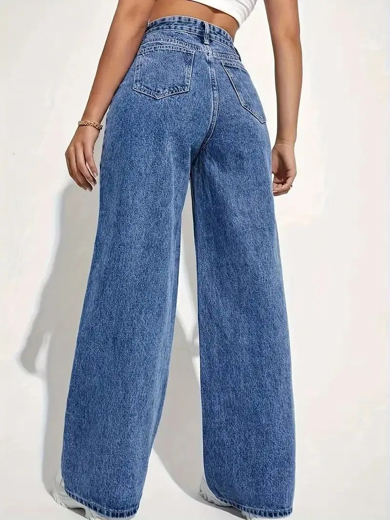 Fashion retro blue jeans women y2k High street baggy straight pants High waisted all-in-one slim pants