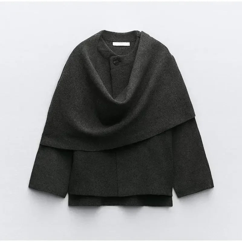Autumn Short Gray Knitted Cloak Jacket Ladies with Scarf Women Fashion Long Sleeve Loose Cardigan Female Winter Elegant Chic New
