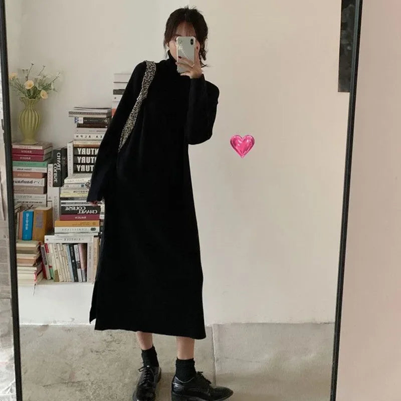 Smvp Fall Winter Turtleneck Long Dress Women Basic Solid Casual Loose Long Sleeve Dresses Female Streetwear Side Split Dress