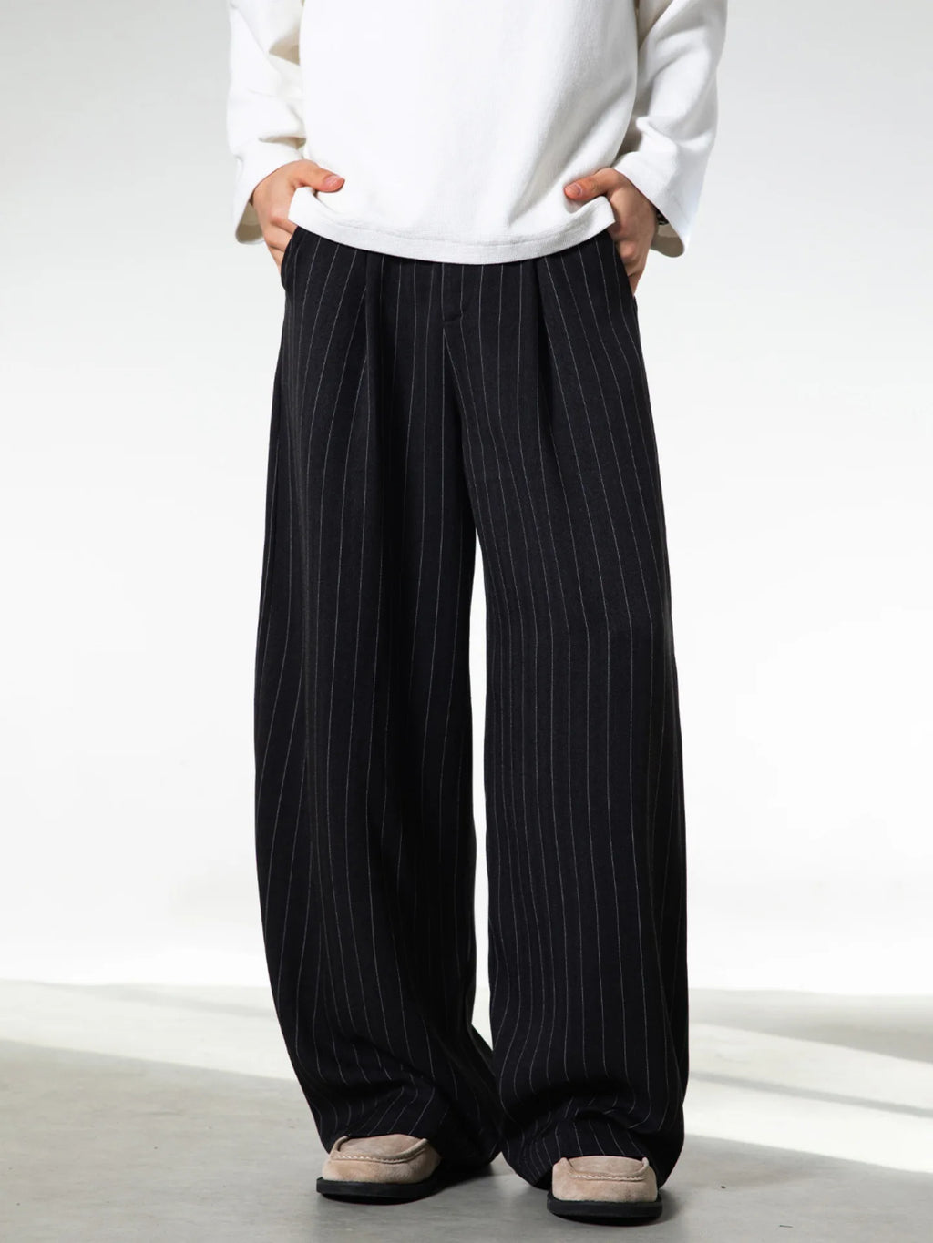 Retro Striped Drape Trousers for Men Loose-Fit Old Money Style Casual Trousers Straight-Leg Long Trousers