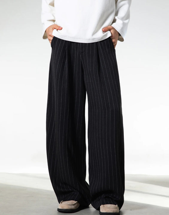 Retro Striped Drape Trousers for Men Loose-Fit Old Money Style Casual Trousers Straight-Leg Long Trousers