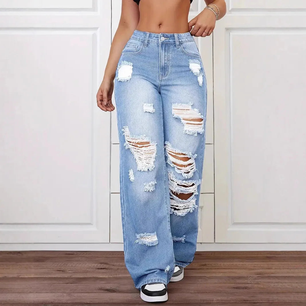 Distressed Washed High Waist Straight Leg Versatile Loose Fit Denim Pants for Women