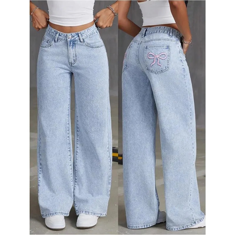 UNITIM Lady Versatile Washed Denim Trousers Women Straight Leg Slim Fit Jeans Pants Women Pockets Vintage Floor Length Trousers