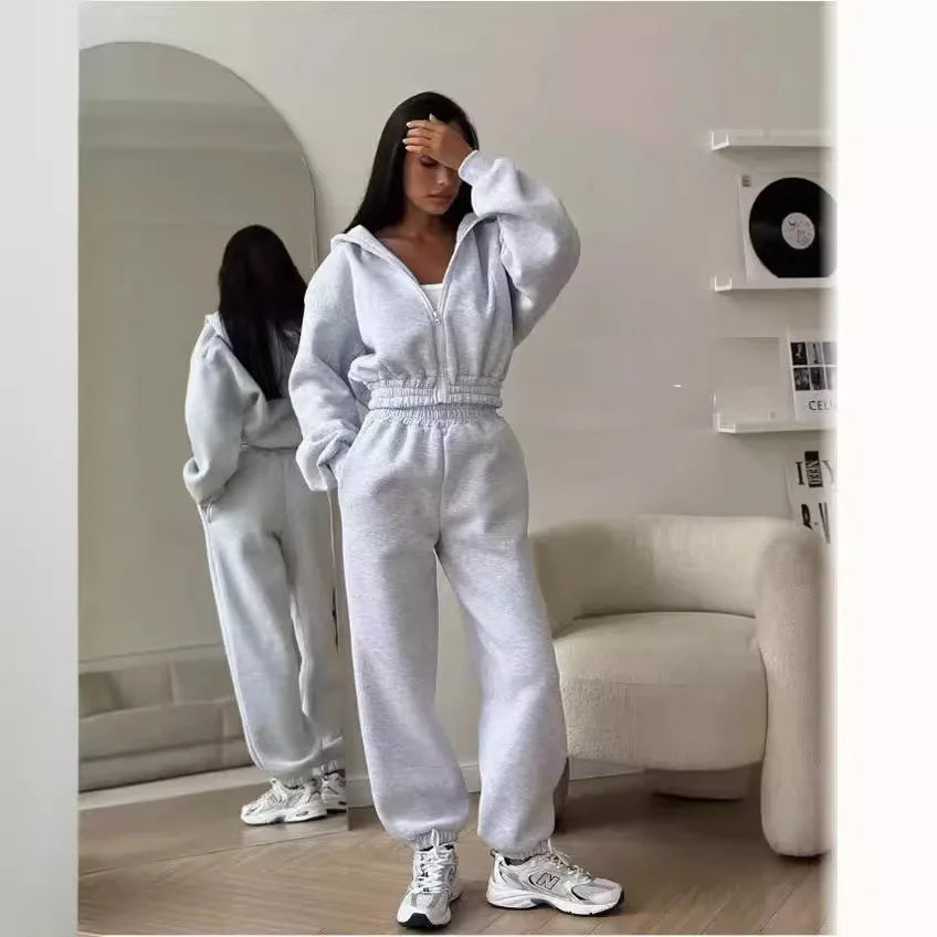 Pant Sets Two Pieces Hooded Solid Hoodies Matching Sets Zipper Sweatshirts Long Sleeve Loose Drawstring Pencil Pants Casual