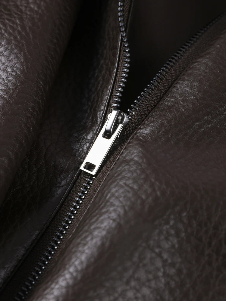 Women Bomber Jacket Leather Coat Retro Coat Stand-Collar Top Textured Clothes Lversized Biker Coat Casual Streetwear Outerwear