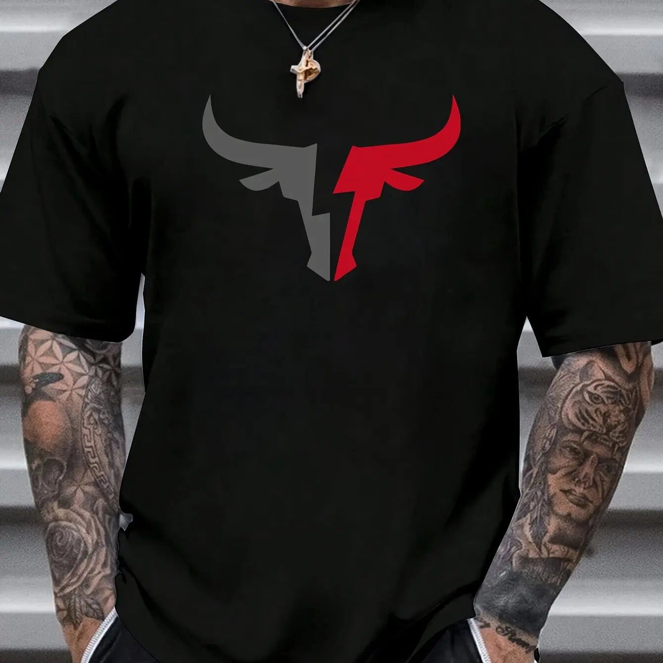 Summer men's 100% cotton comfortable casual loose fit plus size bull pattern print sports round neck short sleeved T-shirt top