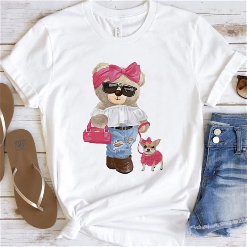 Fashion Graphic T-shirt Women Cute Bear Short-sleeved Clothes Women Print T-shirt Summer 90's Fashion Style Women T-shirt