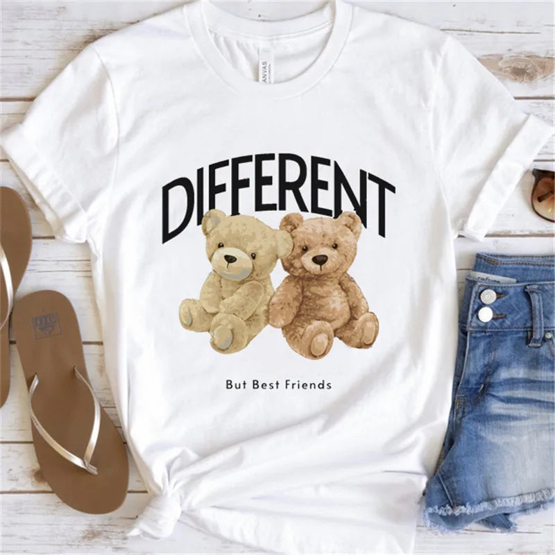 Fashion Graphic T-shirt Women Cute Bear Short-sleeved Clothes Women Print T-shirt Summer 90's Fashion Style Women T-shirt