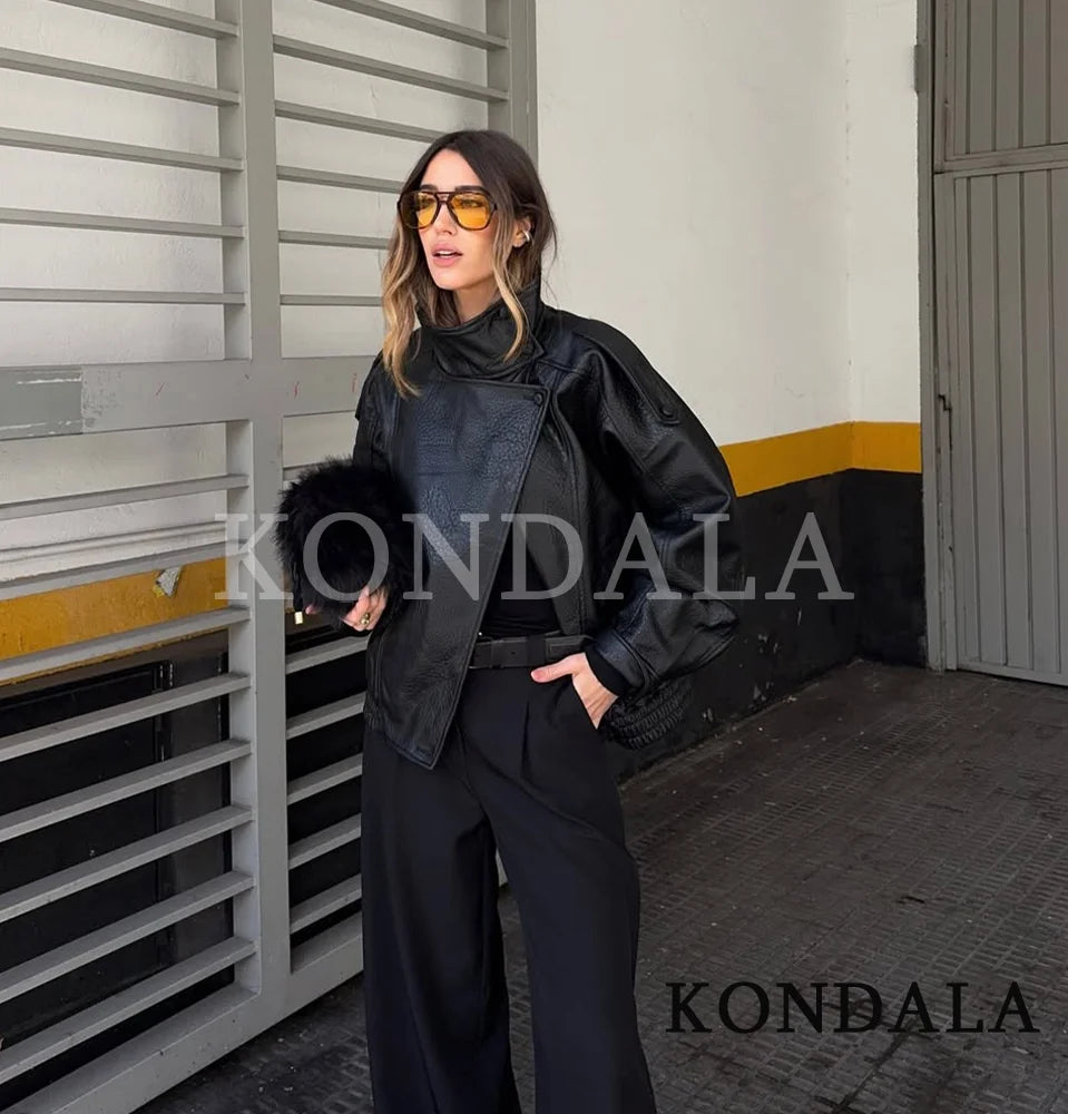 Women 2025 Fall Winter Leather Standing Collar Jacket Faux PU Zipper Pilot Jacket Coat Casual Fashion Outwear Ladies Jacket