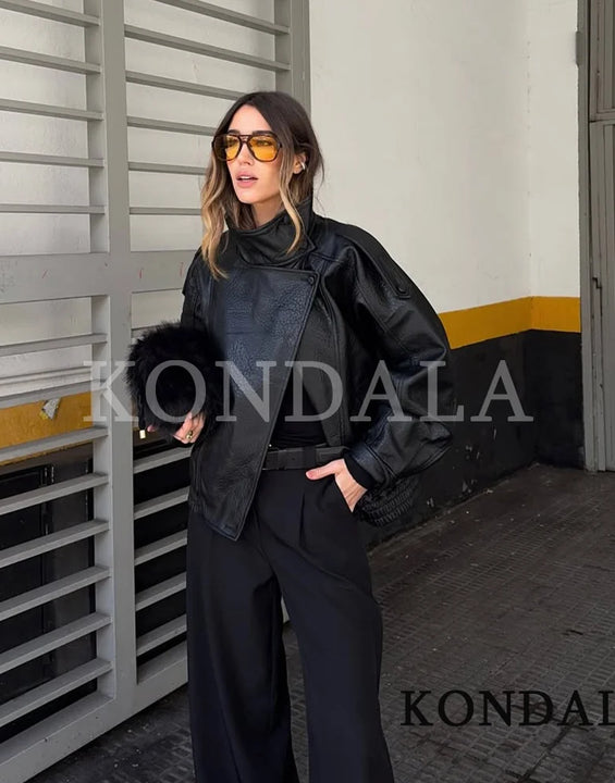Women 2025 Fall Winter Leather Standing Collar Jacket Faux PU Zipper Pilot Jacket Coat Casual Fashion Outwear Ladies Jacket