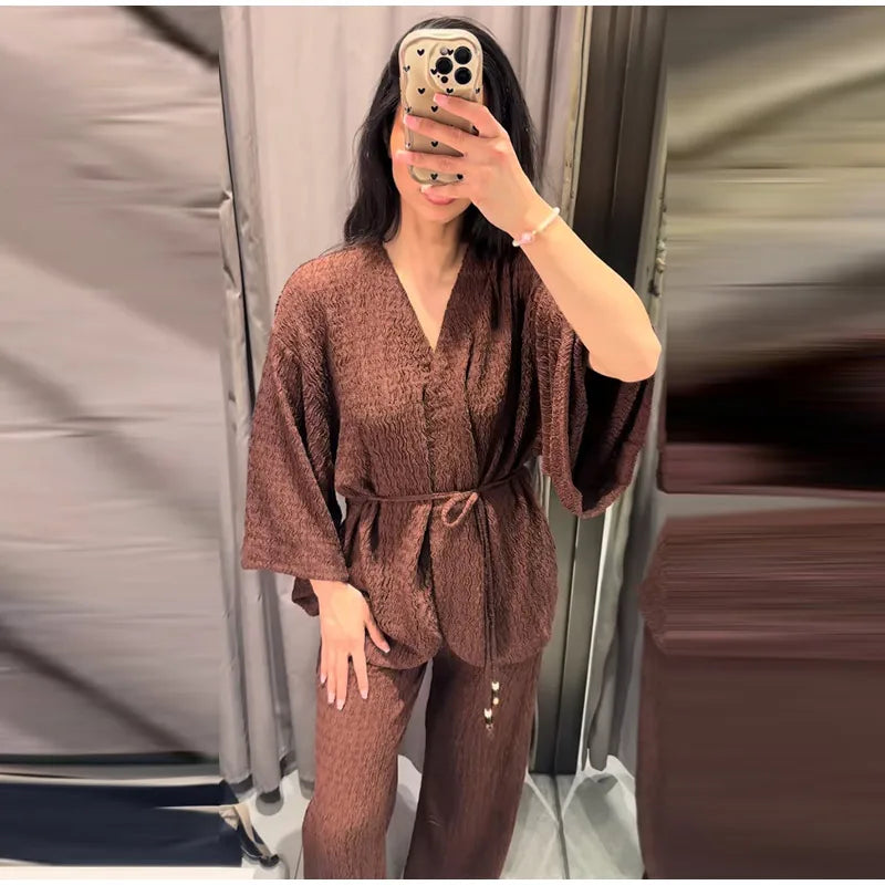 Tie Front Textured Women Set V-Neck Loose Set Wide Sleeve Drawstring Pants Casual Lounge Solid Color 2 Piece Outfits For Daily
