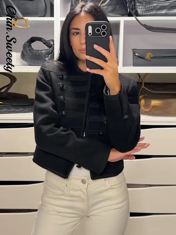 Casual Solid Women's Jacket O-Neck Full Sleeve Button Black Lady Cropped Jackets 2026 Spring Chic Female Street Outerwear