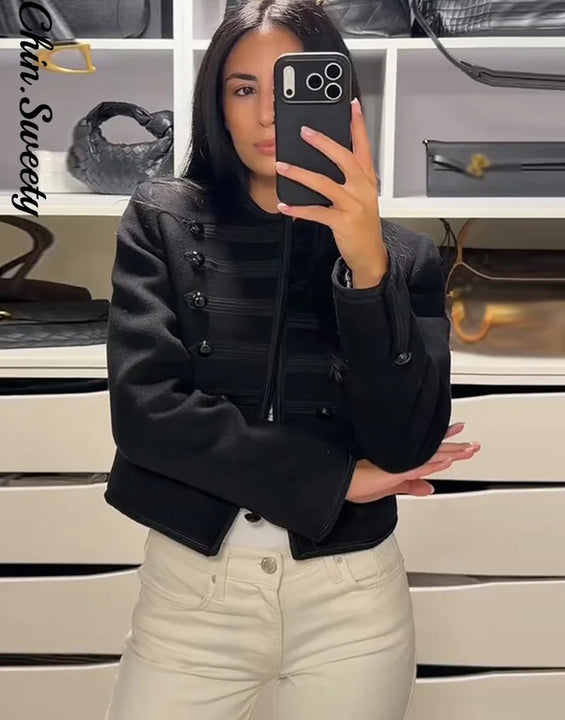 Casual Solid Women's Jacket O-Neck Full Sleeve Button Black Lady Cropped Jackets 2026 Spring Chic Female Street Outerwear