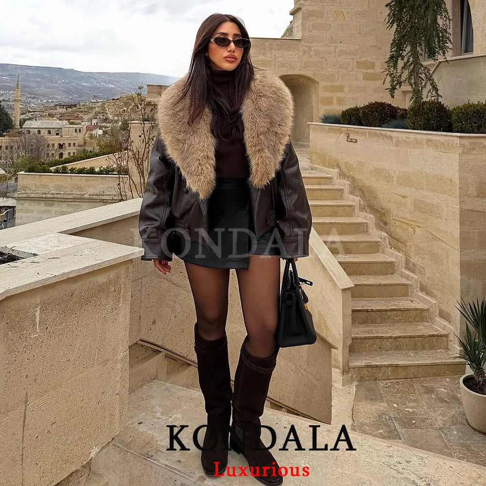 Fur-Collar Faux Leather Jacket