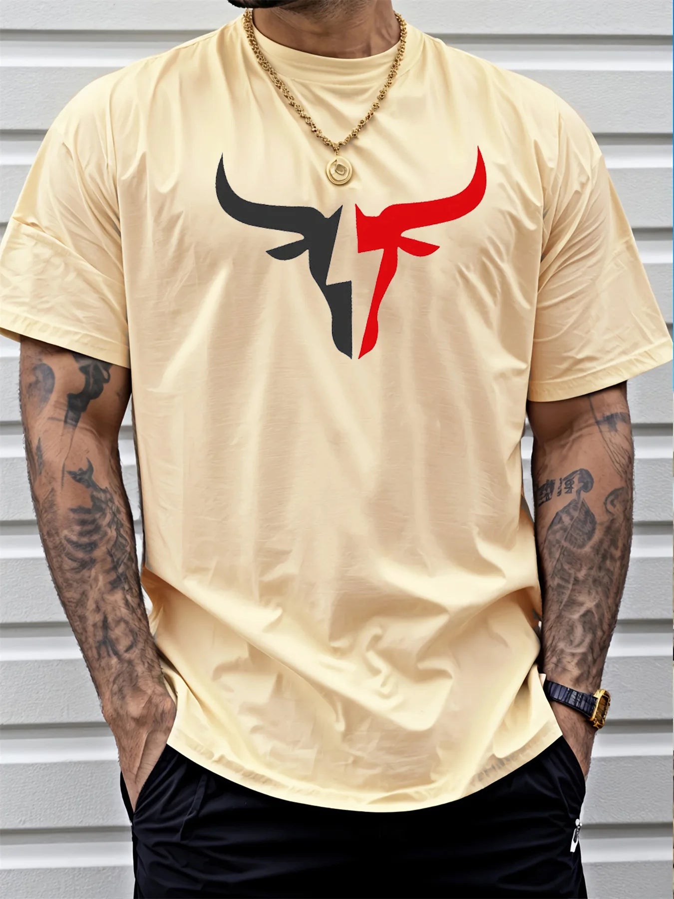 Summer men's 100% cotton comfortable casual loose fit plus size bull pattern print sports round neck short sleeved T-shirt top