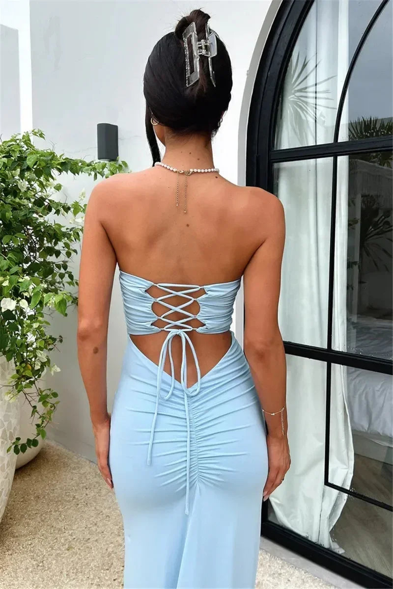 Women's lace up backless strapless maxi dress, off shoulder, fibrcon battery, club, party, long, summer, new