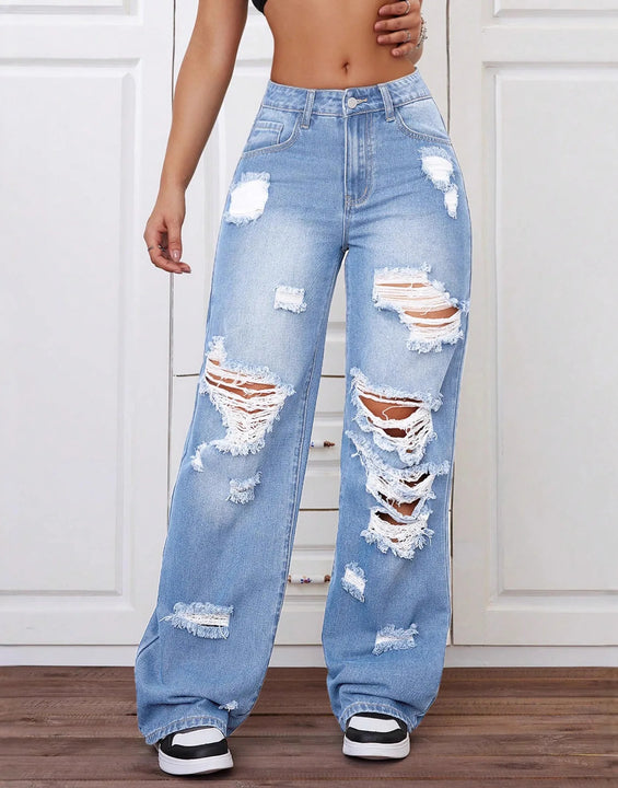 Women High Waist Straight Leg Jeans Ripped Denim Pants Casual Long Trousers Spring Summer
