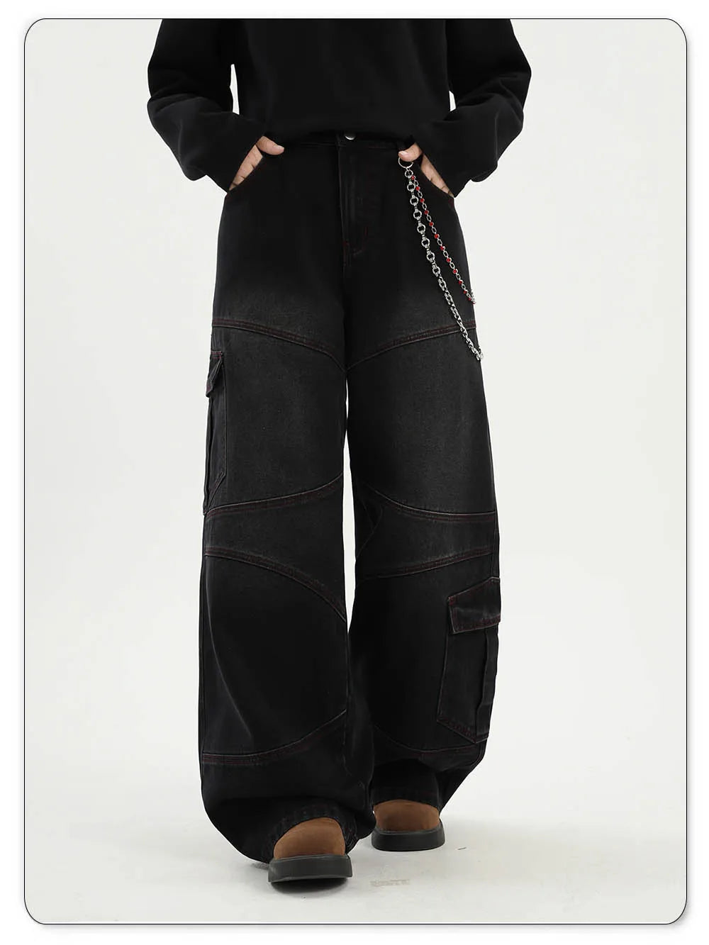 American Street Retro Bright Thread Deconstruction Loose Wide Leg Jeans Unisex  Baggy Men's Clothes Multi Pocket Workwear Jeans