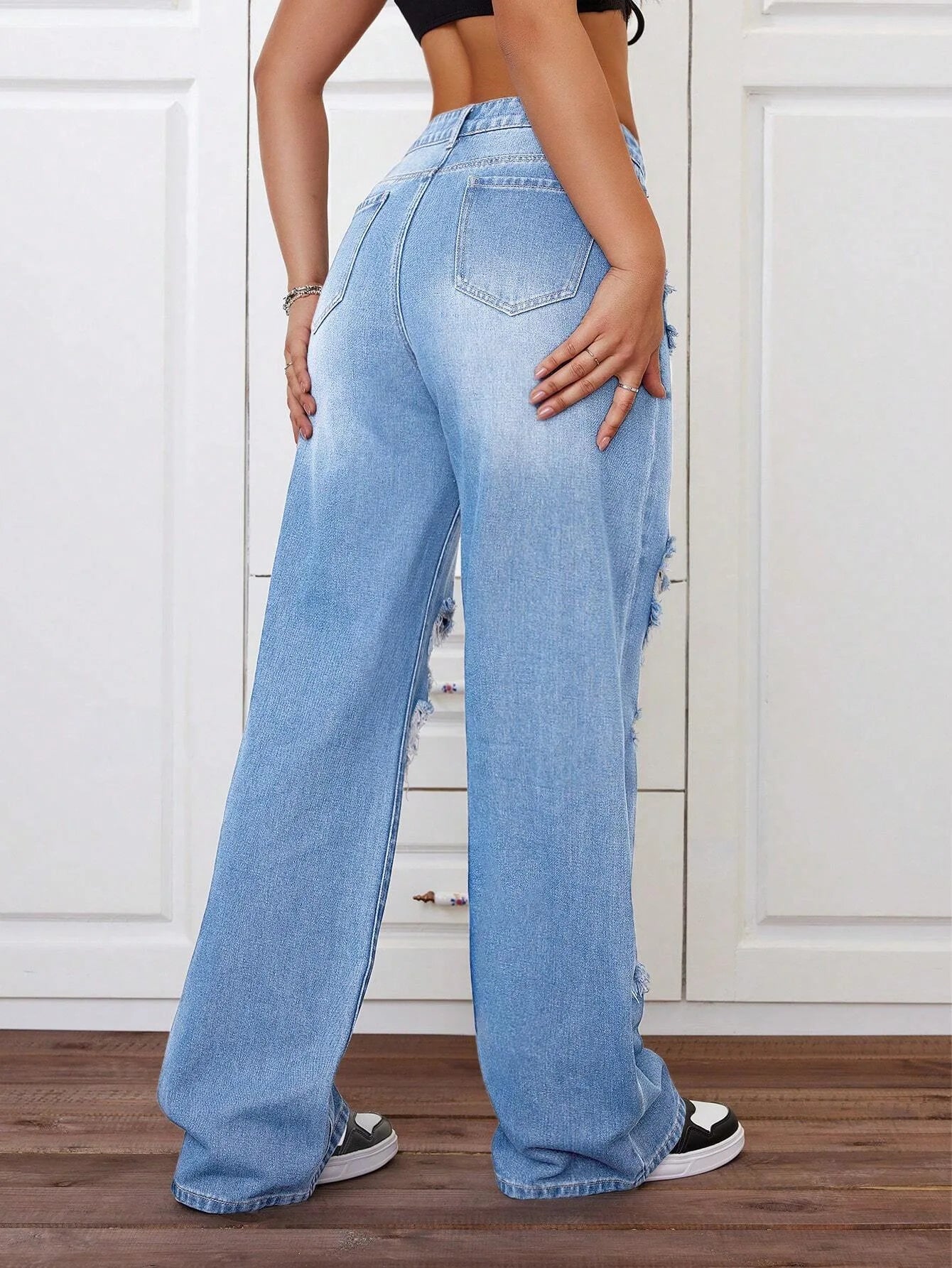 ANJY Spring Autumn New Women Washed Vintage Ripped Design High Street Jeans Trendy Fashion Straight Versatile Denim Pants A23084