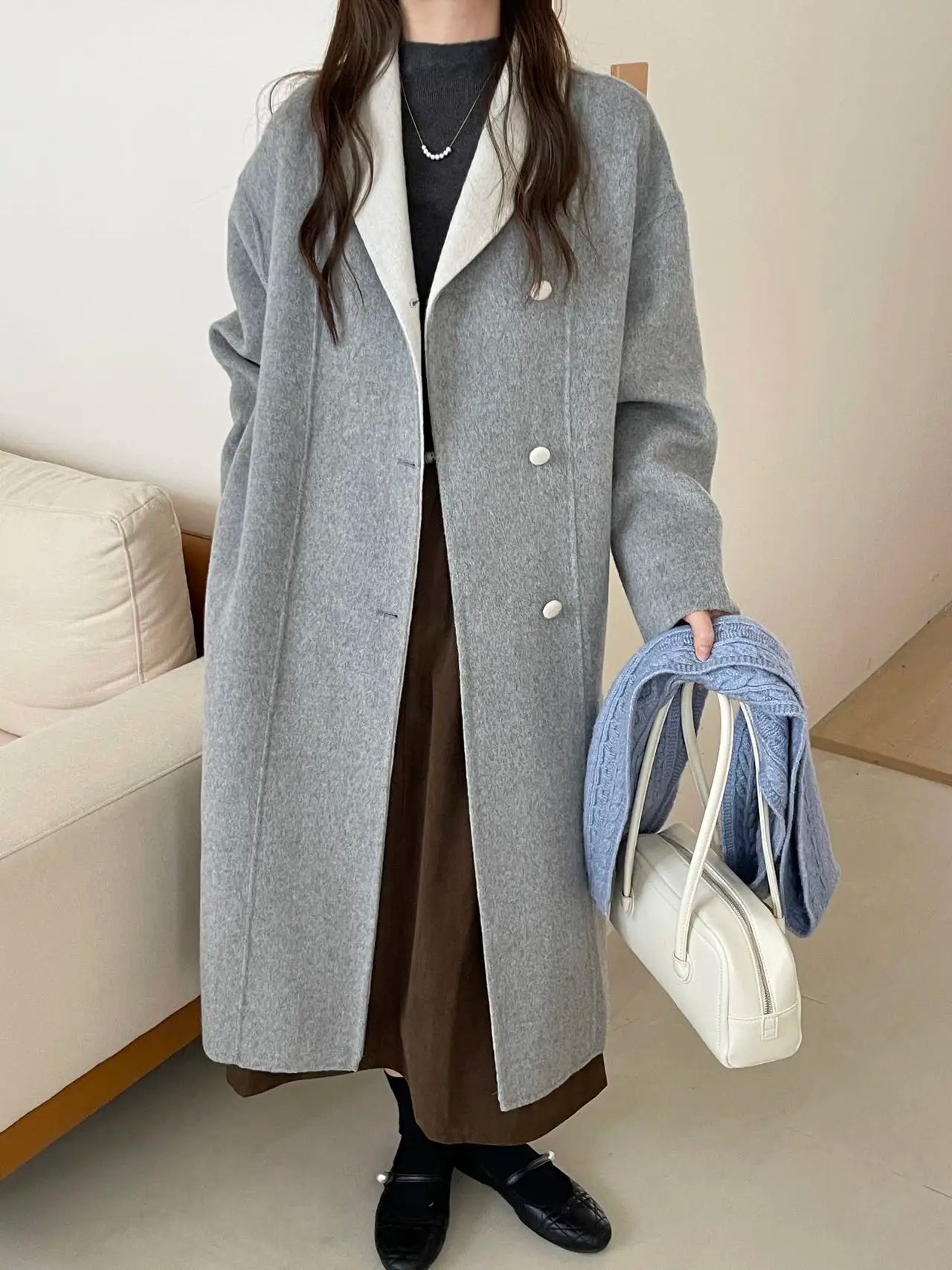 Women Autumn Gentle Elegant Temperament All-match Leisure Solid Long Korean Style Loose Temperament Loose Woolen Coat Female
