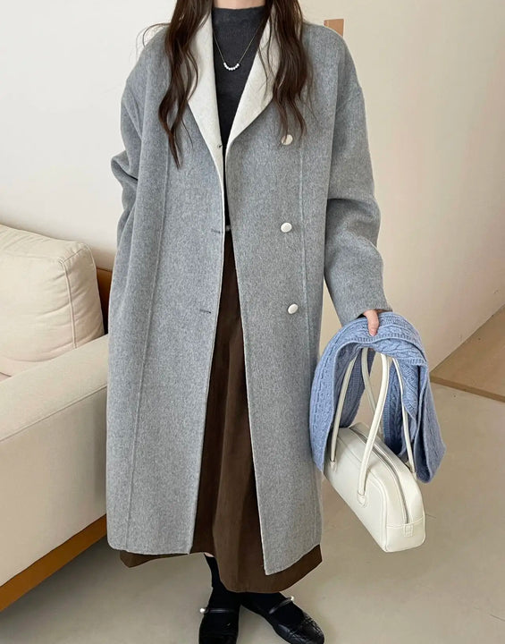 Women Autumn Gentle Elegant Temperament All-match Leisure Solid Long Korean Style Loose Temperament Loose Woolen Coat Female