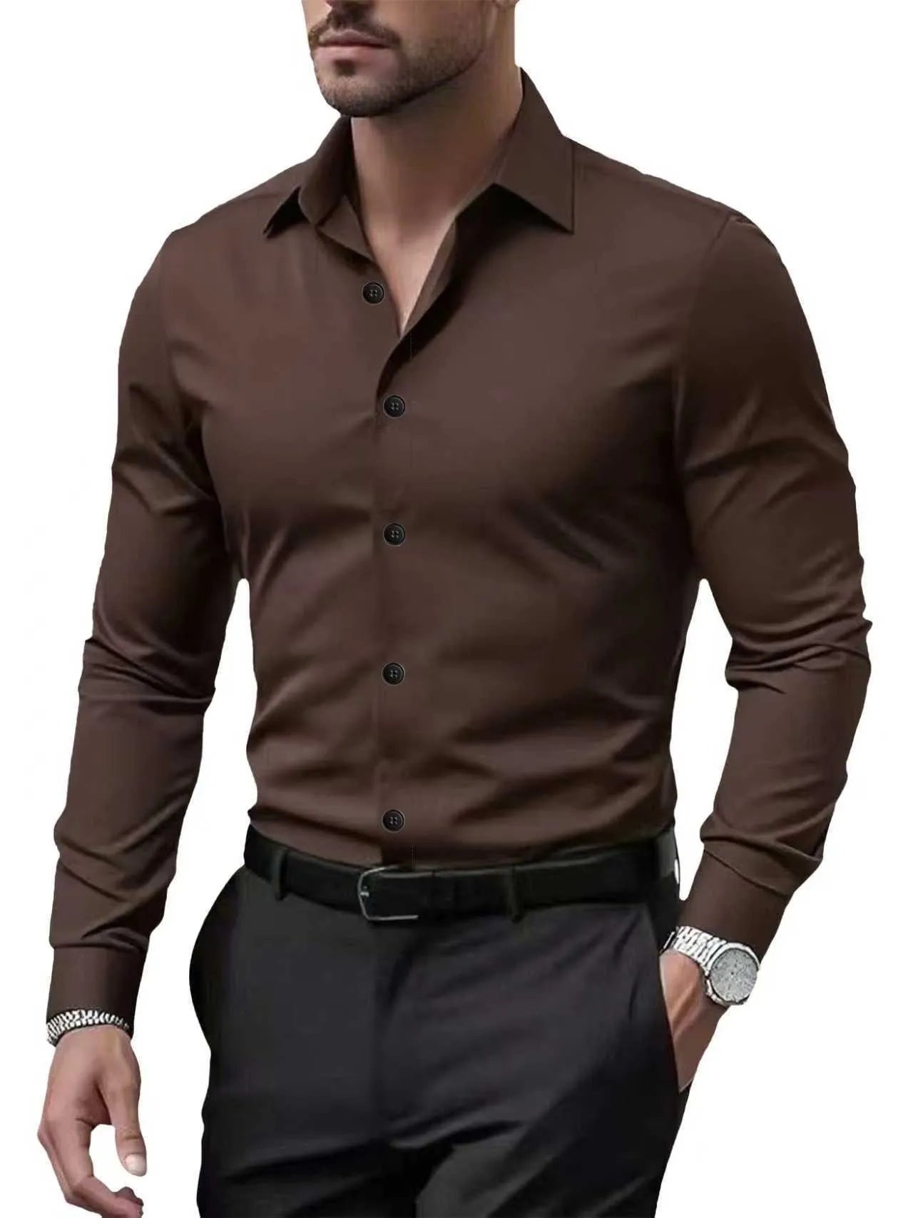 Men's Wrinkle-Free Dress Shirt Long Sleeve Slim Fit Business Casual Shirt Breathable Formal Work Shirt for Wedding Party