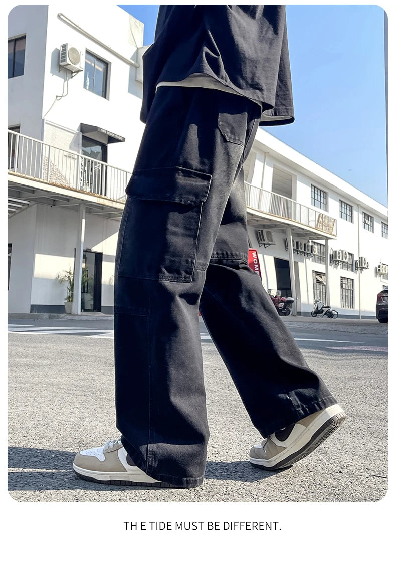 2025 new men's cement grey work jeans Y2K street hip-hop large pocket wide-leg straight jeans trousers jogging black light blue