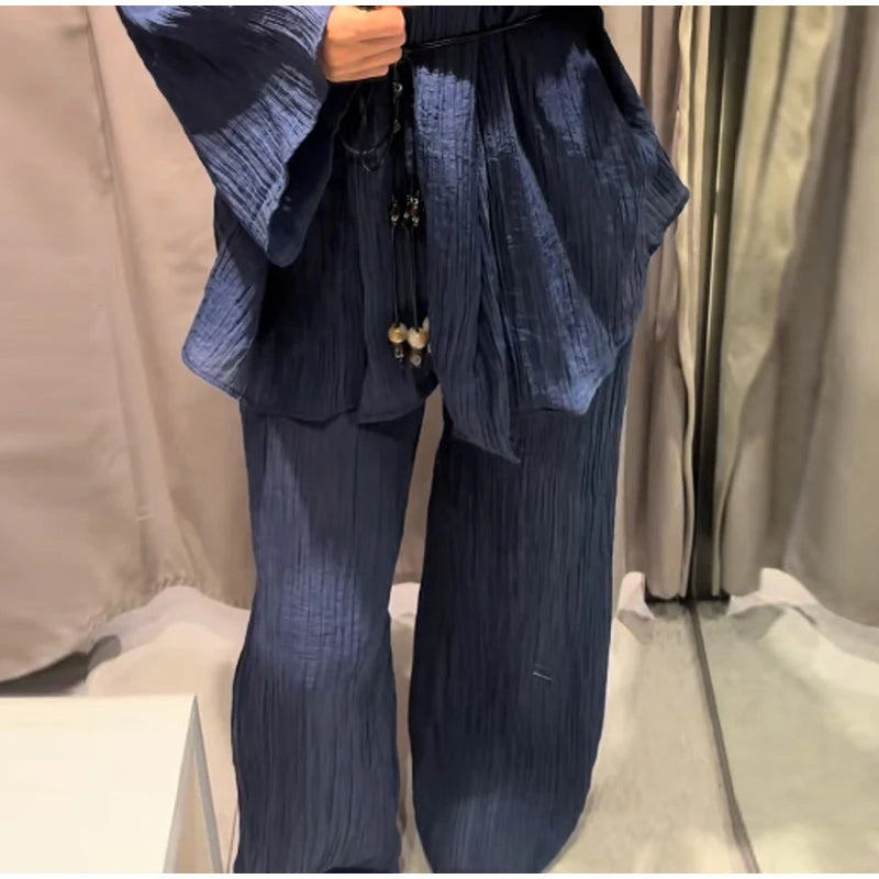 Tie Front Textured Women Set V-Neck Loose Set Wide Sleeve Drawstring Pants Casual Lounge Solid Color 2 Piece Outfits For Daily