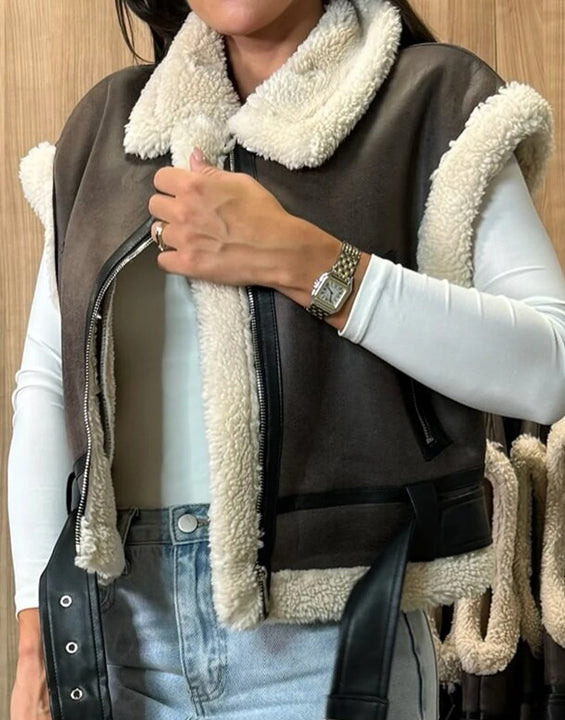 Women Leather Sherpa Vest Fur Collar Sleeveless Zipper Faux Suede Shearling Vest 2024 Biker Moto Jacket Winter Warm Outerwear