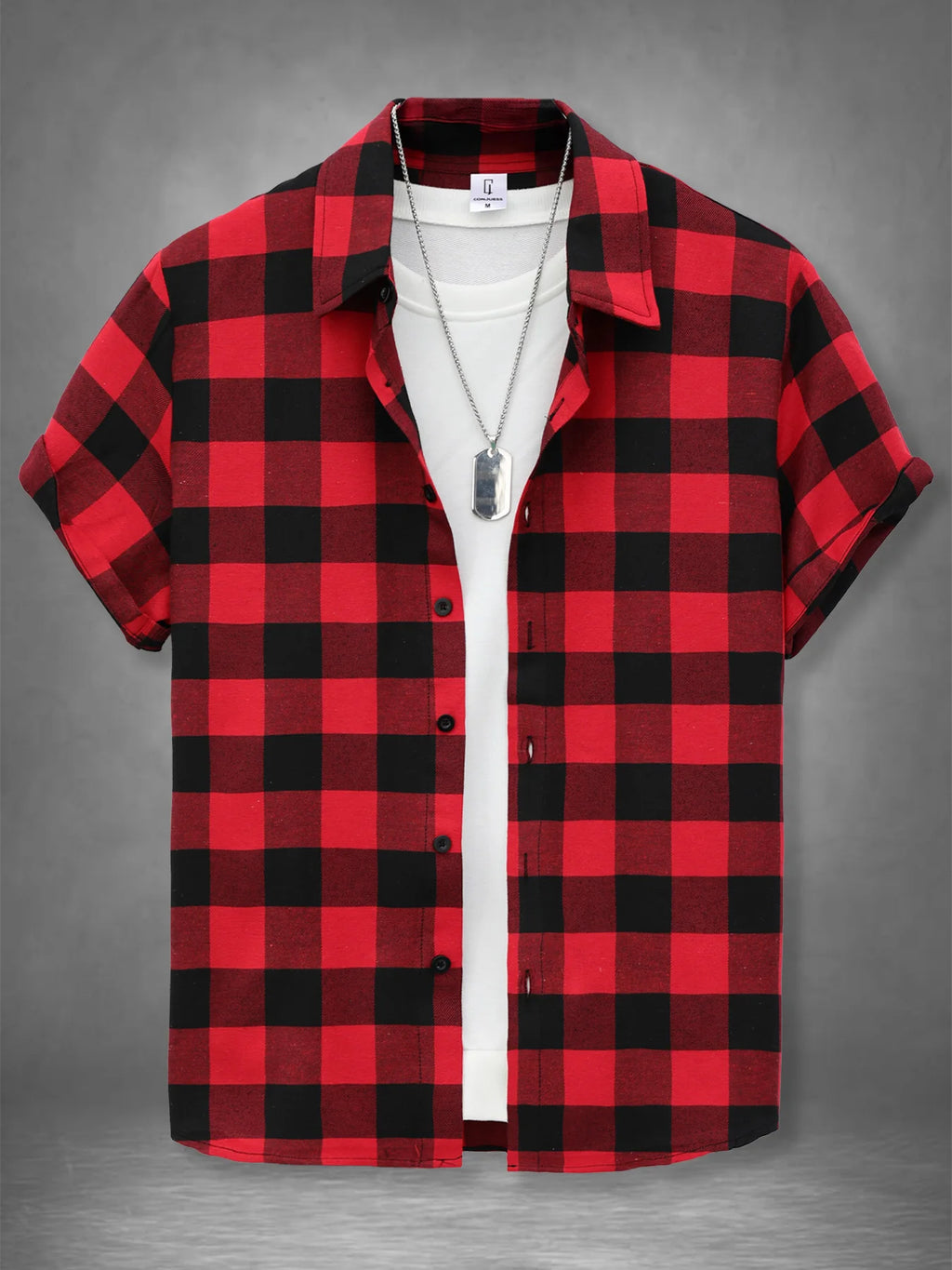 Men's Red Black Plaid Short Sleeve Shirt Summer Loose Casual Vintage Top