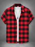 Men's Red Black Plaid Short Sleeve Shirt Summer Loose Casual Vintage Top