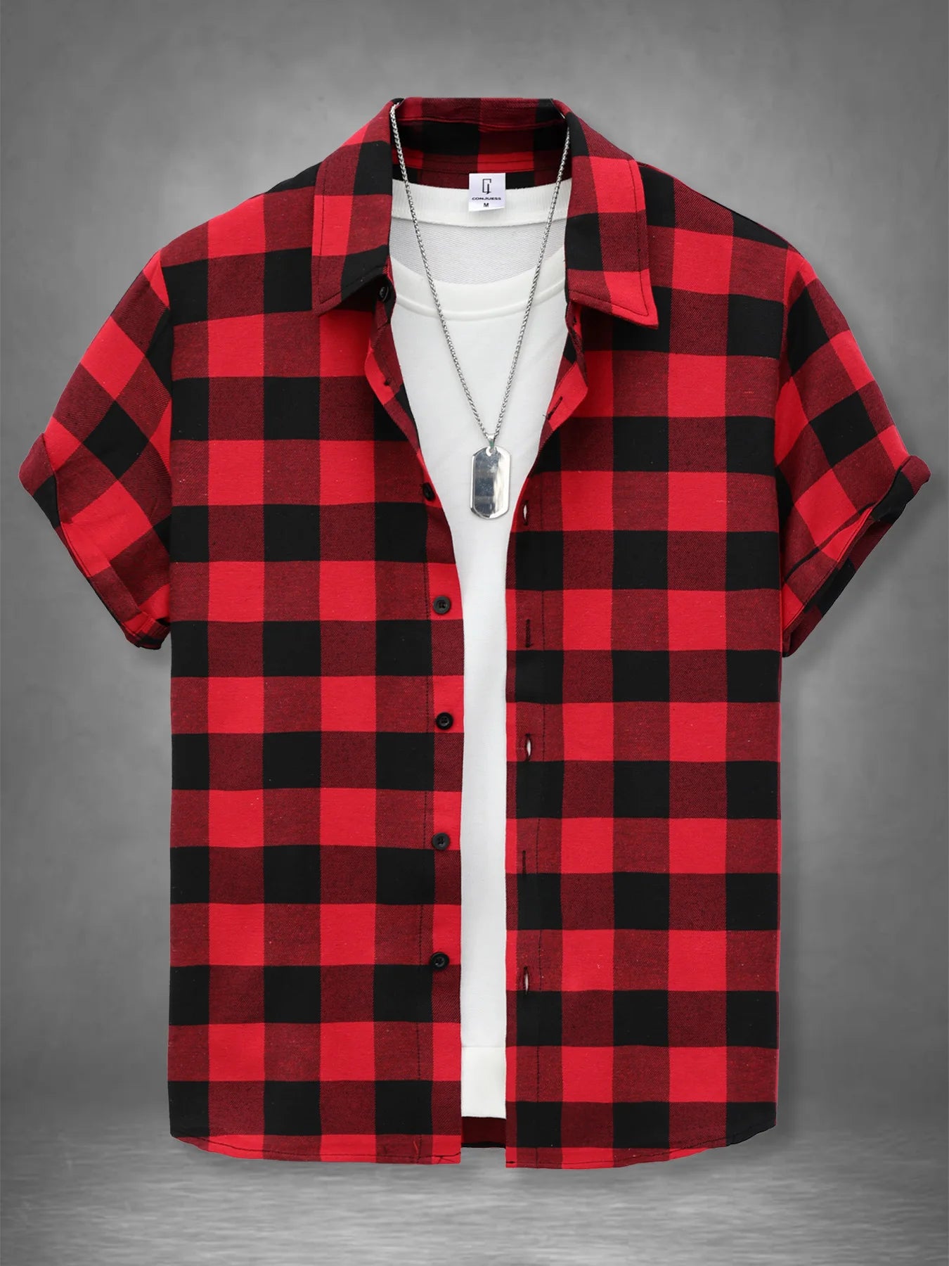 Men's Red Black Plaid Short Sleeve Shirt Summer Loose Casual Vintage Top