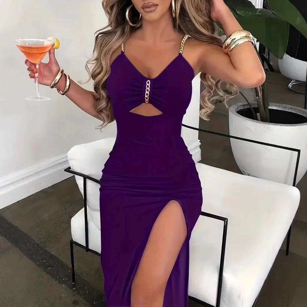 Slip Dress Women Sexy Sundress Split Chain Hollow Out V Neck Sleeveless Maxi Gown Bodycon Vestidos Party Sheath Dresses 2025