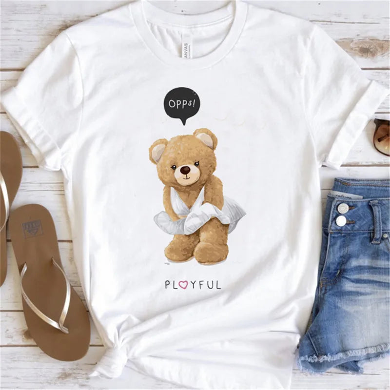Fashion Graphic T-shirt Women Cute Bear Short-sleeved Clothes Women Print T-shirt Summer 90's Fashion Style Women T-shirt