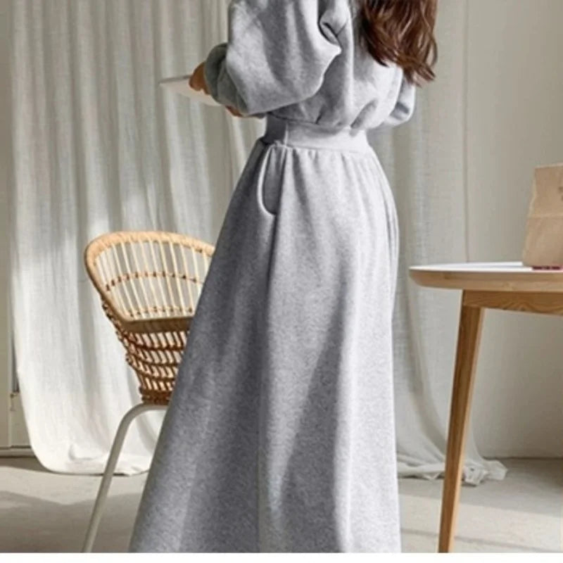 Autumn Winter Casual Women Hooded Cotton Long Dress Long Sleeved Pullover Solid Hoodie Shirring A-Line Floor-Length Rib Dresses