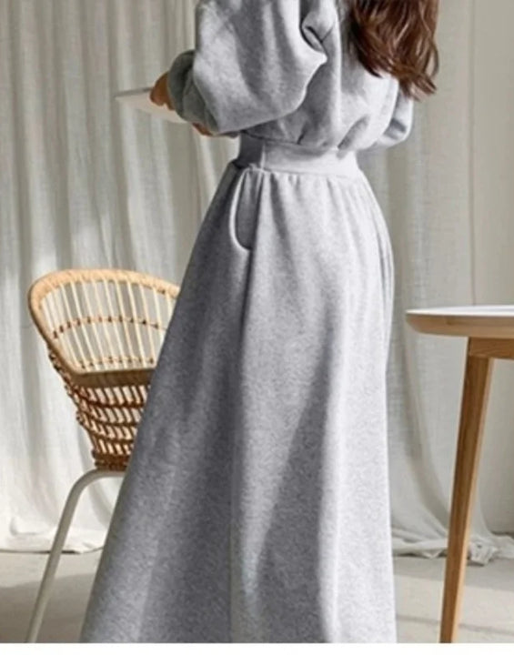 Autumn Winter Casual Women Hooded Cotton Long Dress Long Sleeved Pullover Solid Hoodie Shirring A-Line Floor-Length Rib Dresses