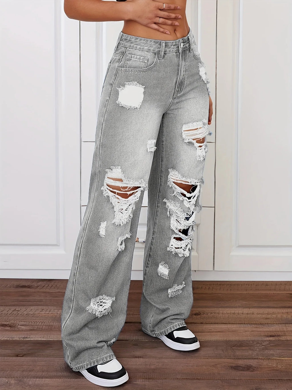 ANJY Spring Autumn New Women Washed Vintage Ripped Design High Street Jeans Trendy Fashion Straight Versatile Denim Pants A23084