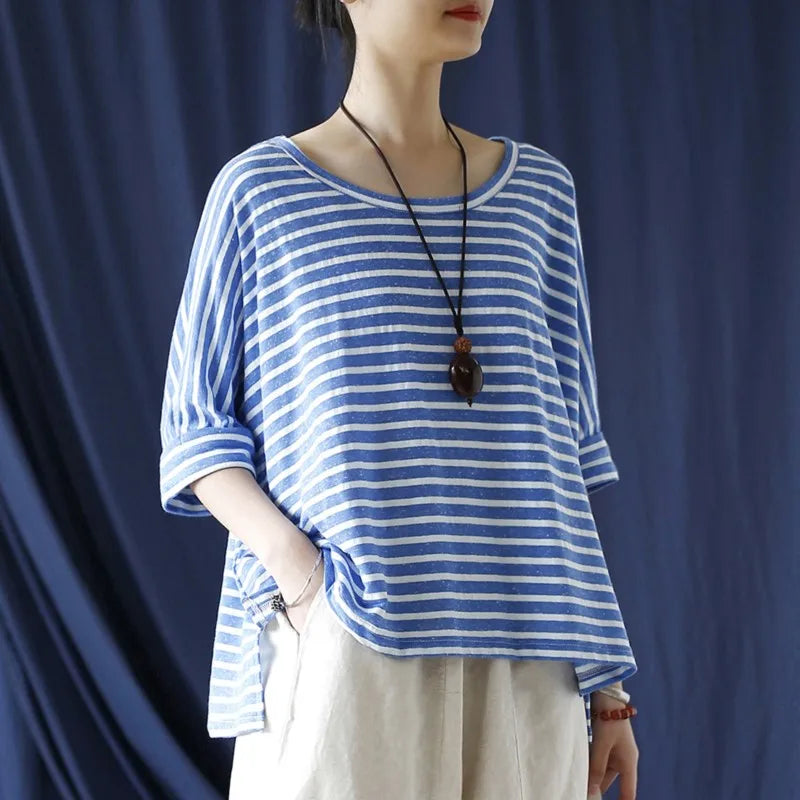 Johnature Women Casual Striped T-Shirts O-Neck Half Sleeve Tees 2025 Autumn New Cotton Soft Women Clothes Loose T-Shirts