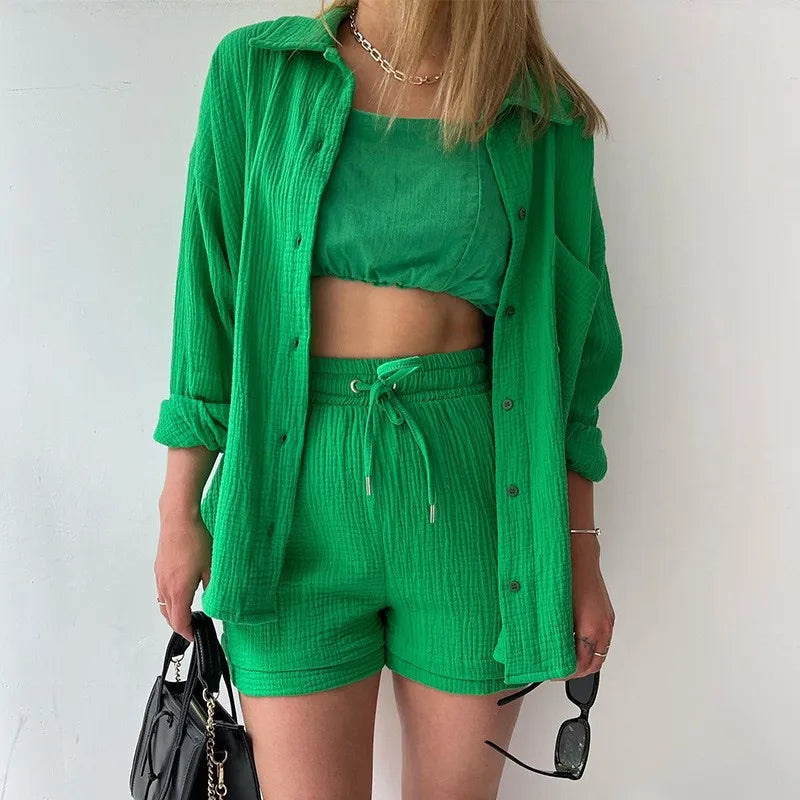 Women's Summer Shorts Set White Long Shirt High Waisted Pants Sets Casual Outfit Streetwear Suits For Women Female Clothing 2025