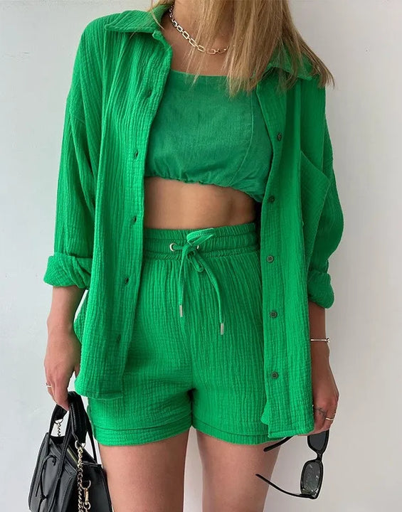 Women's Summer Shorts Set White Long Shirt High Waisted Pants Sets Casual Outfit Streetwear Suits For Women Female Clothing 2025