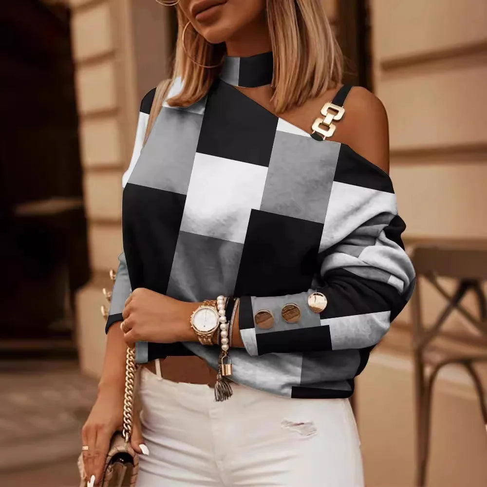 Women Tops Long Sleeve Skew Collar Tees Print T Shirts Pullover High Street Tee Autumn Loose Fit 2025 Casual Buttons Chain