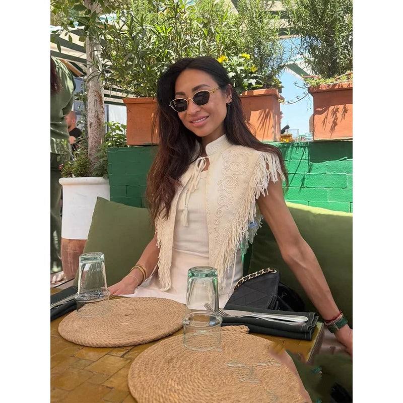 Chic Embroidery Tassel Shawl Women Casual Solid Stand Neck Sleeveless Irregular Short Top 2026 Female Vacation Daily Clothes New