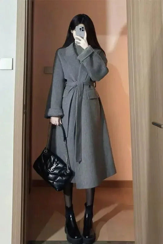 High-end Gray Women Thick Double-sided Wool Cashmere Coat New Loose Lapel Long Sleeve Woolen Coats Female Overcoat Winter