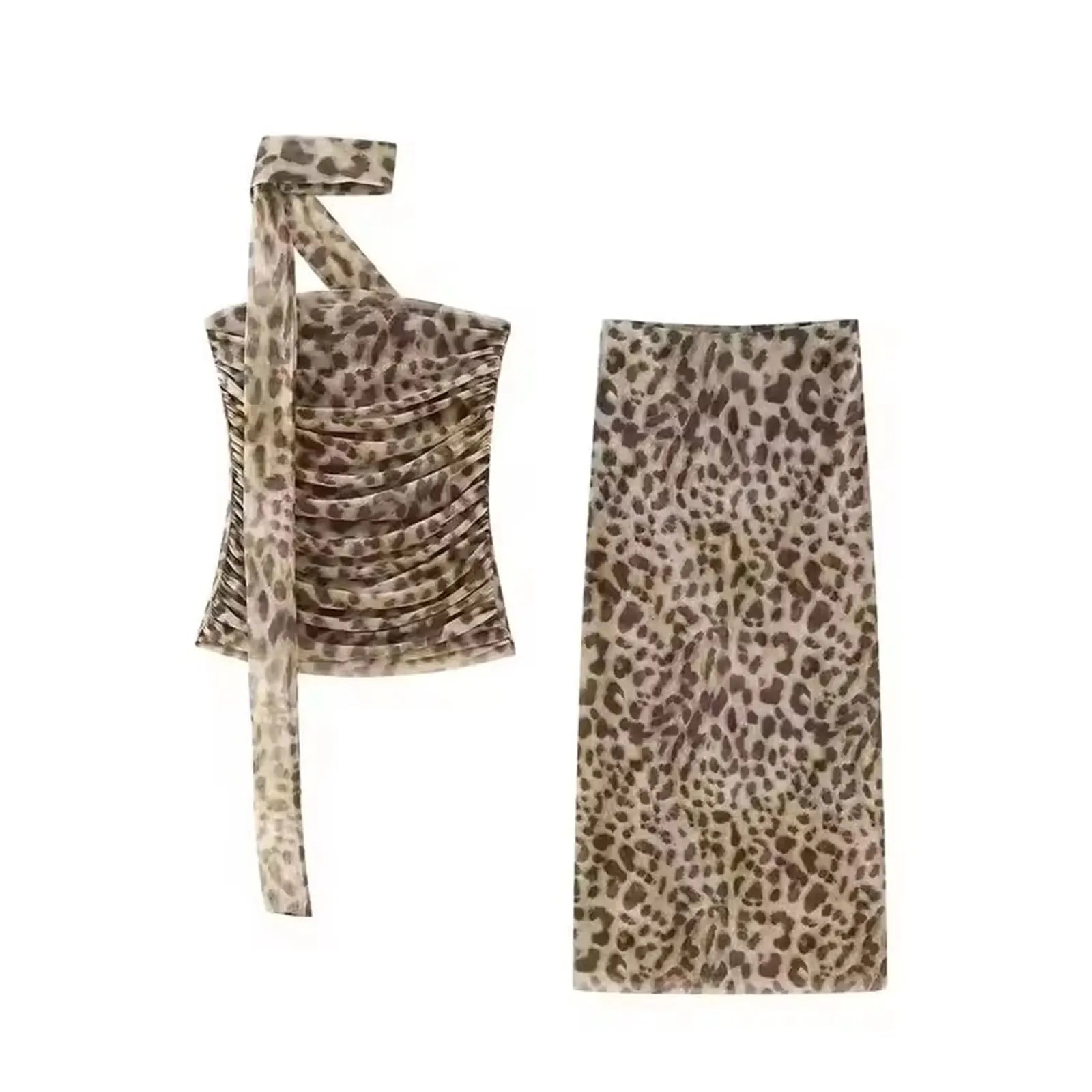 HH Women Leopard Print 2 Piece Outfit Midi Skirt Suit Sexy Summer Backless Strapless Crop Top Fashion Elegant Beach Party Sets