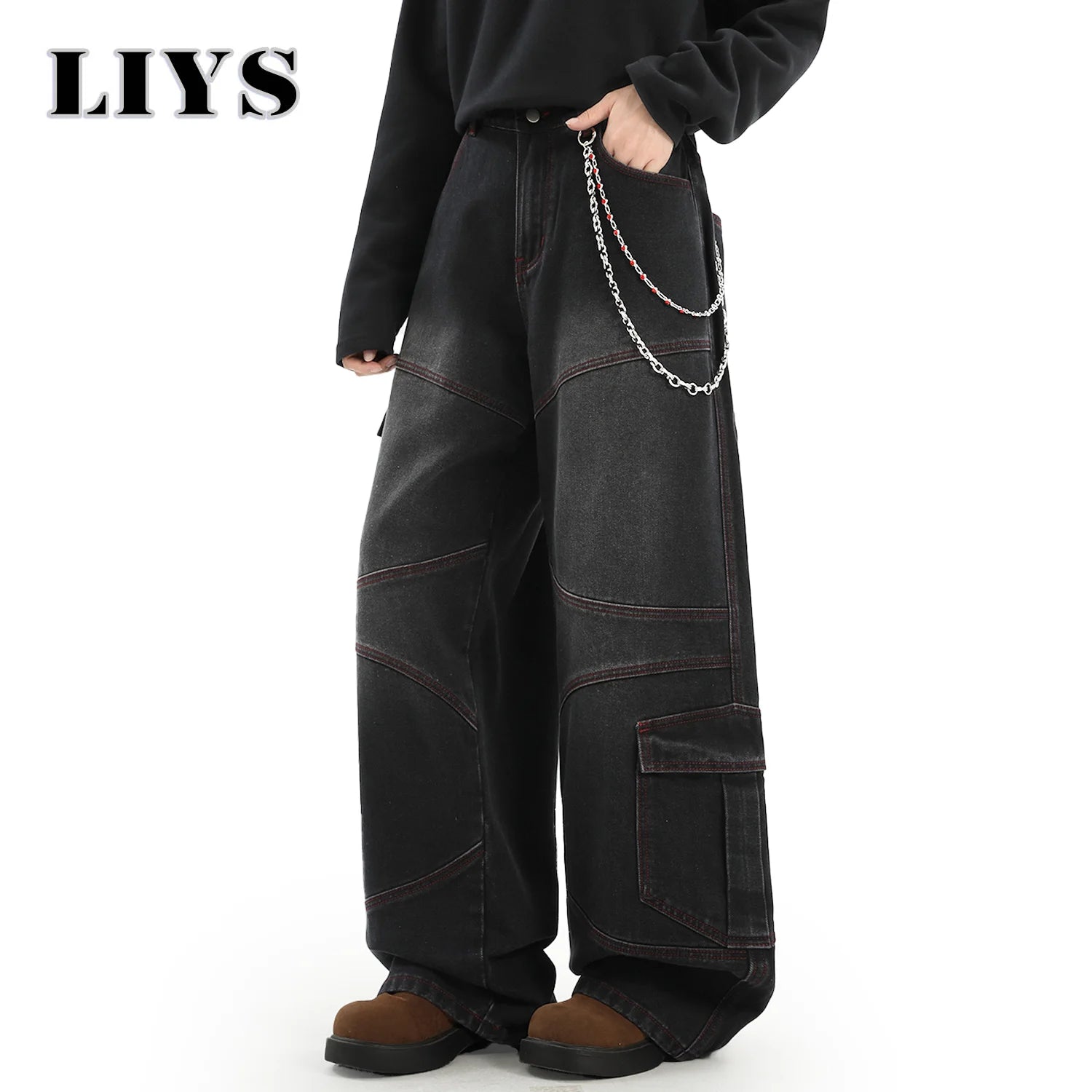 American Street Retro Bright Thread Deconstruction Loose Wide Leg Jeans Unisex  Baggy Men's Clothes Multi Pocket Workwear Jeans