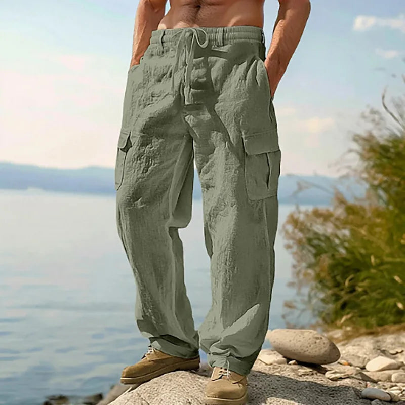Summer Men'S Cotton And Linen Pants Multiple Pockets Breathable Loose Drawstring Straight Leg Pants Sports And Casual Pants