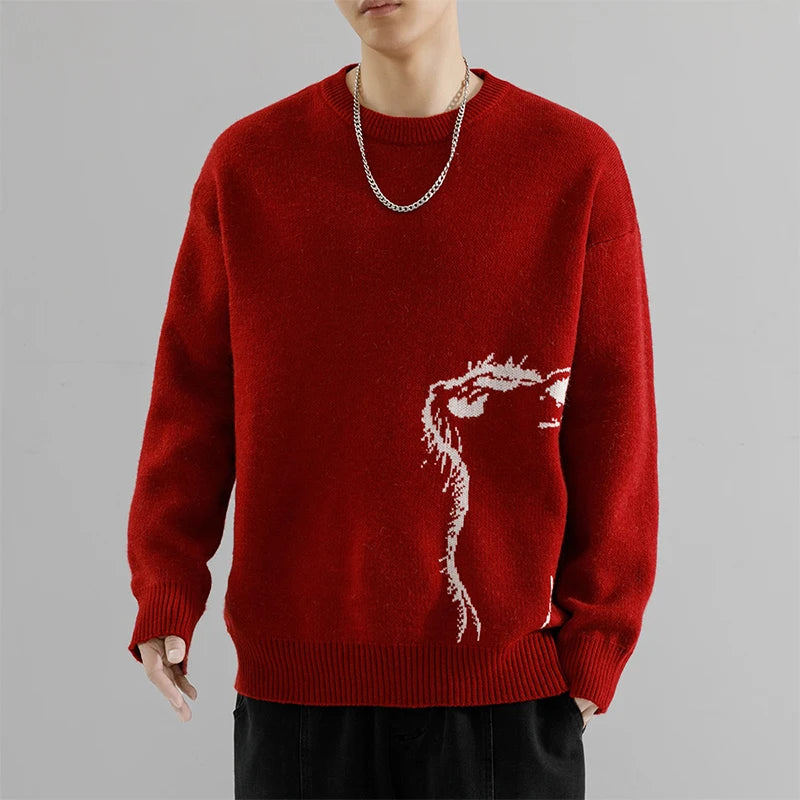 Trendy  Logo round Neck Knit Sweater Loose Fit Casual Base Layer Shirt for Men Autumn Winter New Arrival Fashion Urban Style