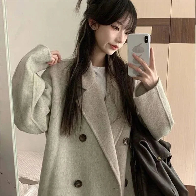 100% Wool Coat Lapel Overcoat Women Wool Blend Double Breasted Long Sleeve Shoulder Pad Coat 2024 Autumn Female Outwear