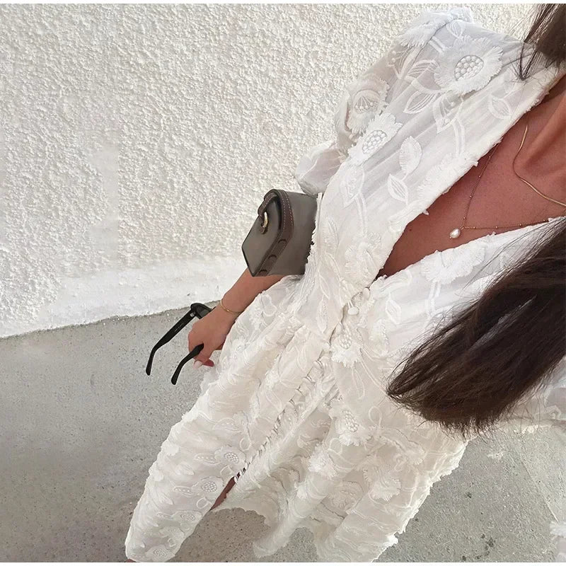 Elegant White Party Long Dress Women's Luxury V-neck Printed Single Breasted Split Evening Robe 2024 New Chic Street Dresses